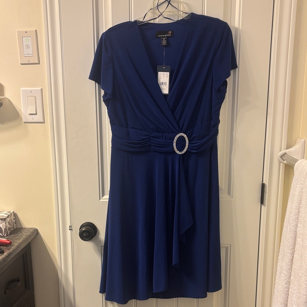 Elegant Blue Laura Dress with Embellished Waist NWT